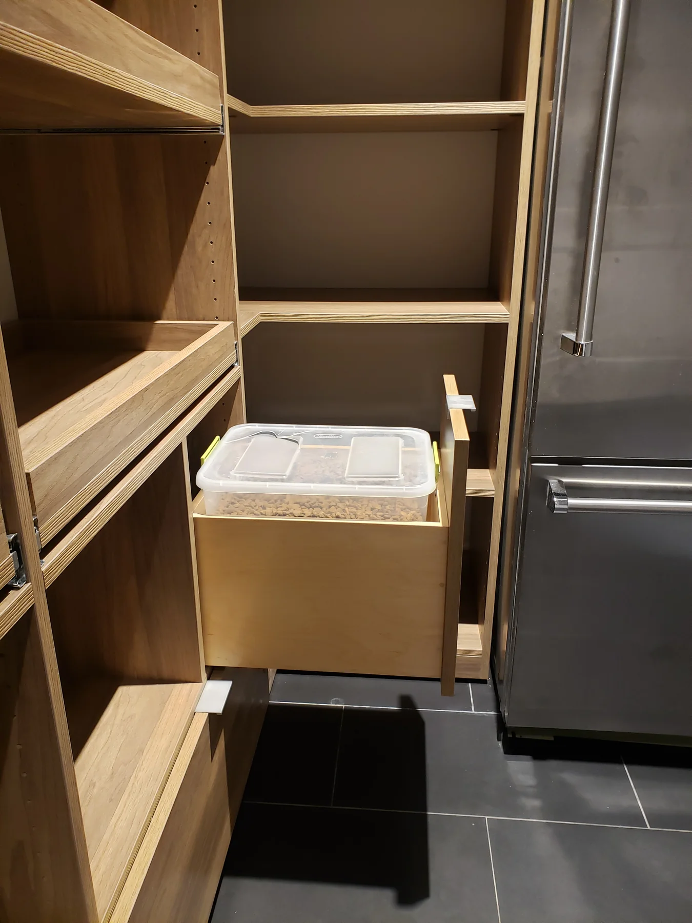 Pantry pull-out cabinet with a removable bin and full-extension runners