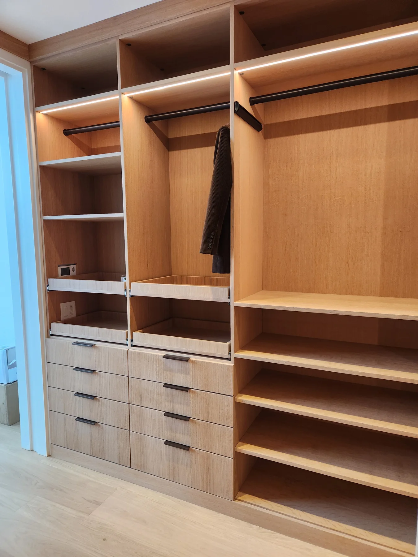 Wood-finish closet wall with hanging rails, drawers and shoe shelves
